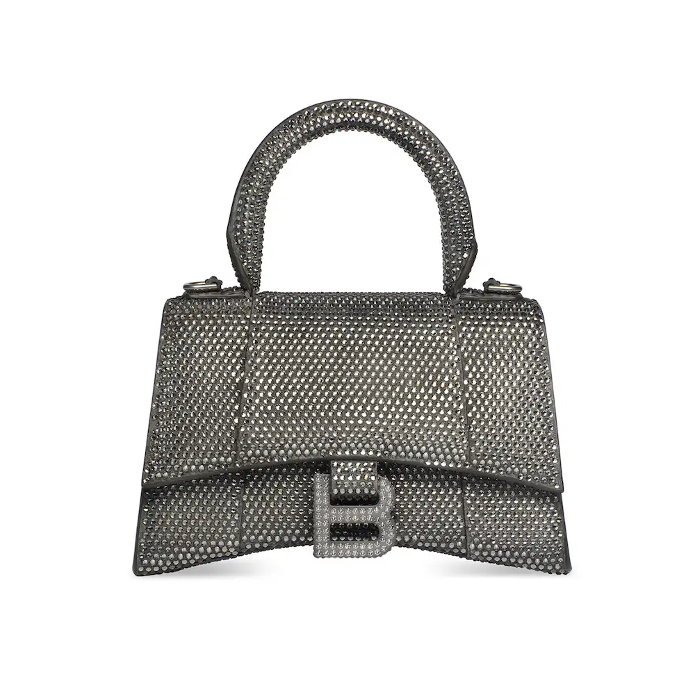 Balenciaga Hourglass XS Handbag in grey suede calfskin with rhinestones, aged silver hardware Grey