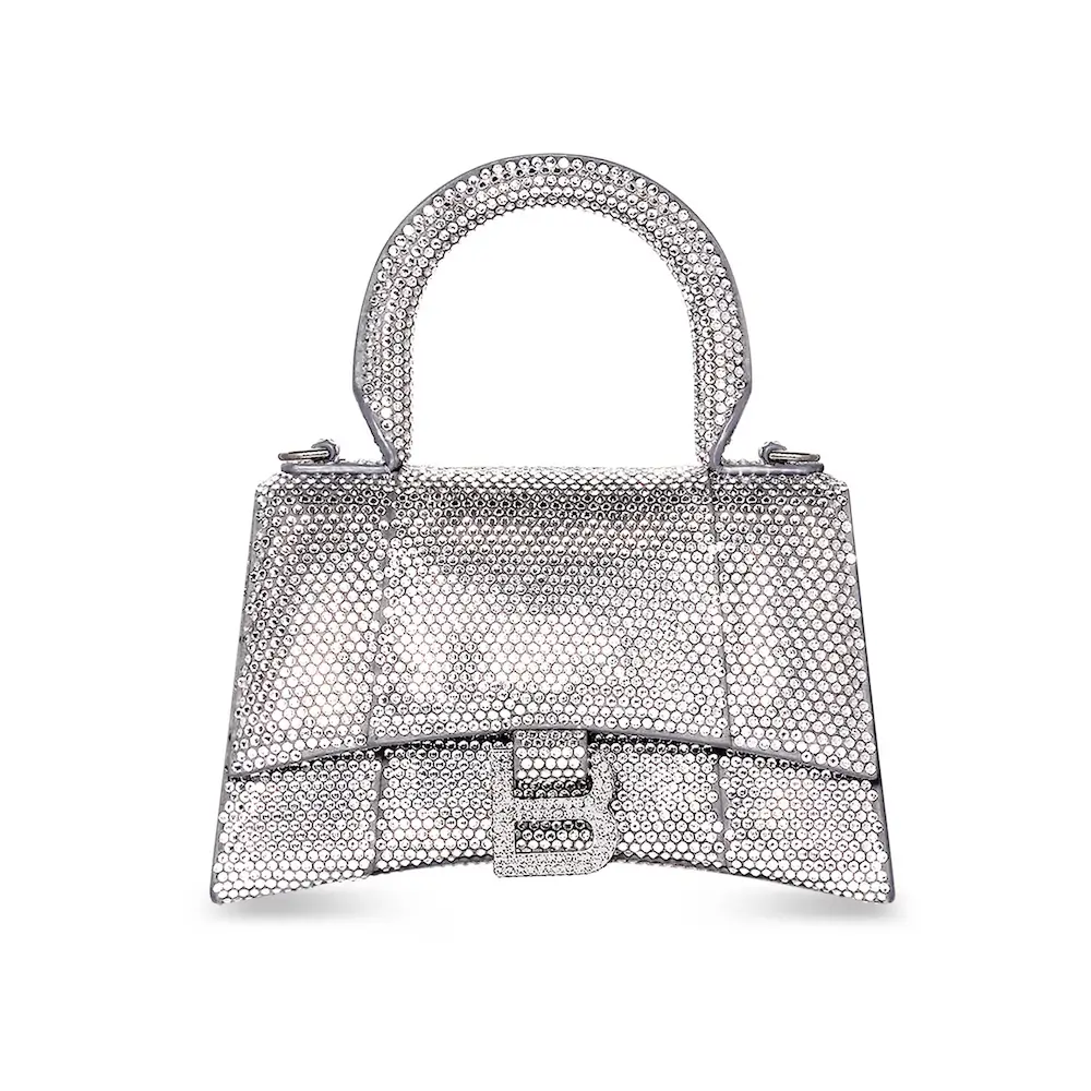 Balenciaga Hourglass XS Handbag in grey suede calfskin with rhinestones, aged silver hardware