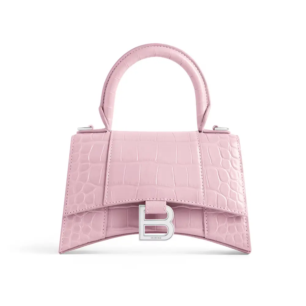 Balenciaga Hourglass XS Handbag in pink shiny crocodile embossed calfskin, aged silver hardware pink