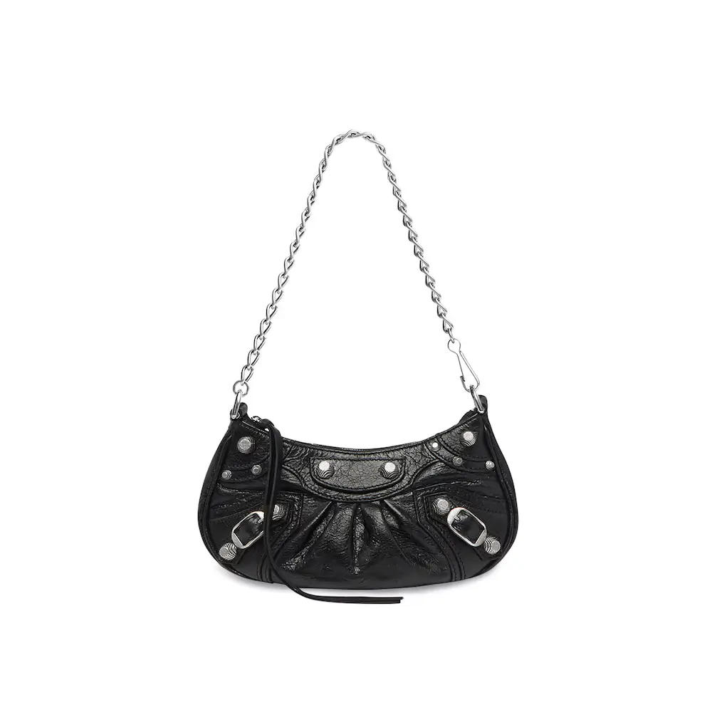 Balenciaga Le Cagole Mini Bag With Chain in black Arena lambskin, aged silver hardware