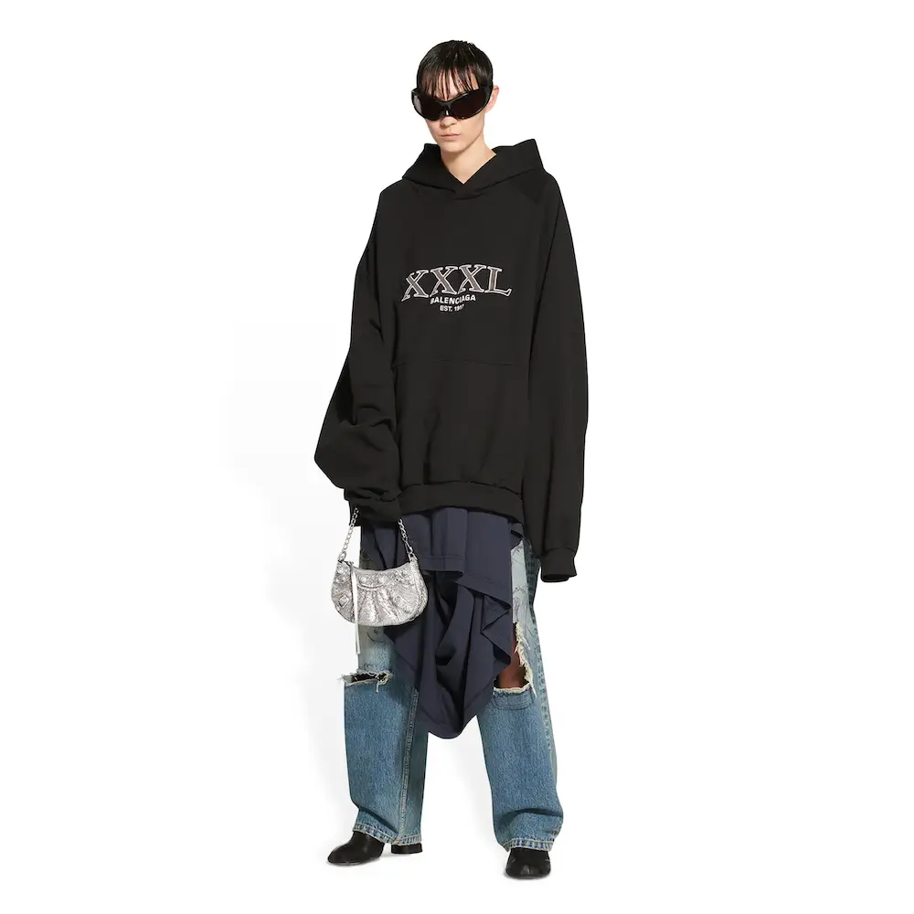 Balenciaga Le Cagole Mini Bag With Chain in grey suede calfskin with rhinestones and metallized Nappa lambskin, aged silver hardware with rhinestones Model