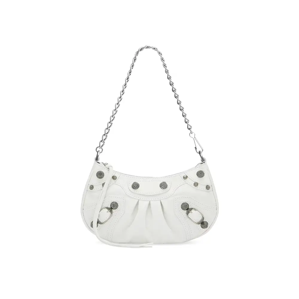 Balenciaga Le Cagole Mini Bag With Chain in white Arena lambskin, aged silver hardware