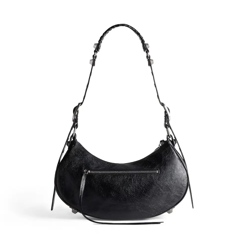 Balenciaga Le Cagole Small Shoulder Bag in black Arena lambskin, aged silver hardware Back