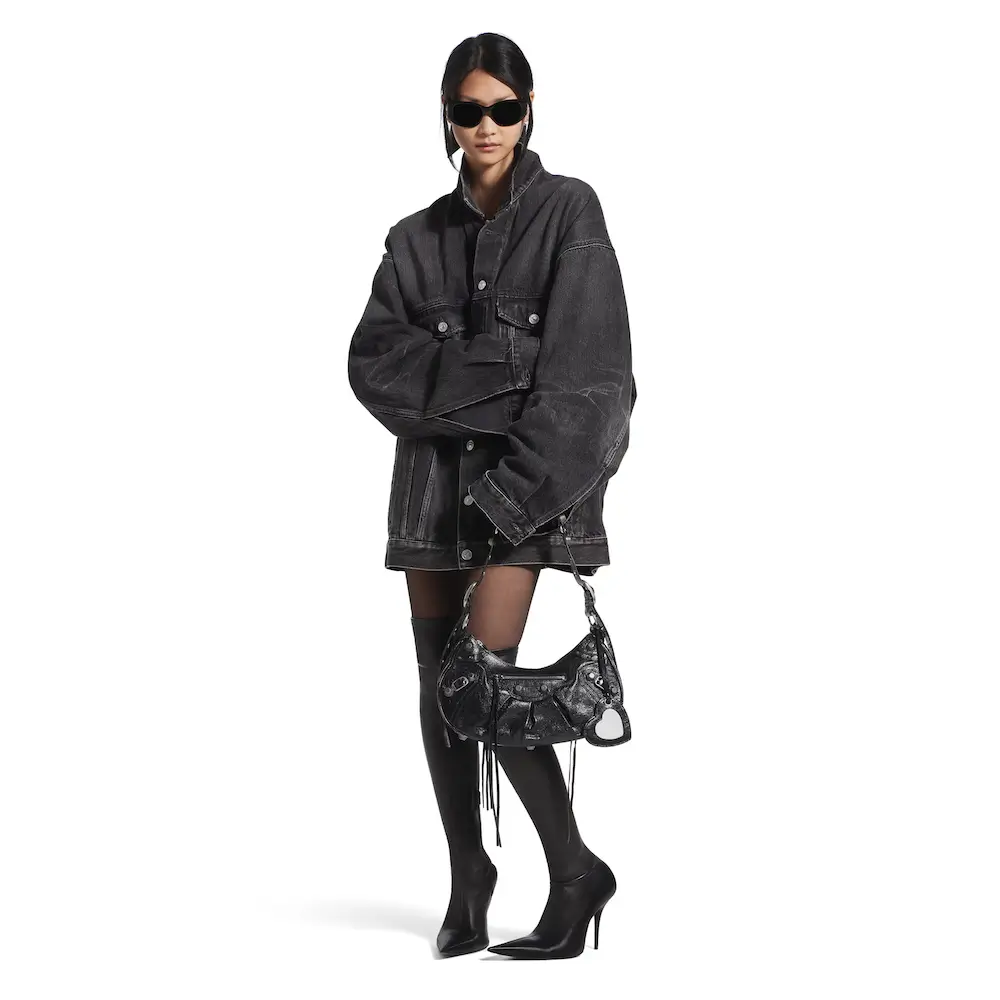 Balenciaga Le Cagole Small Shoulder Bag in black Arena lambskin, aged silver hardware Model