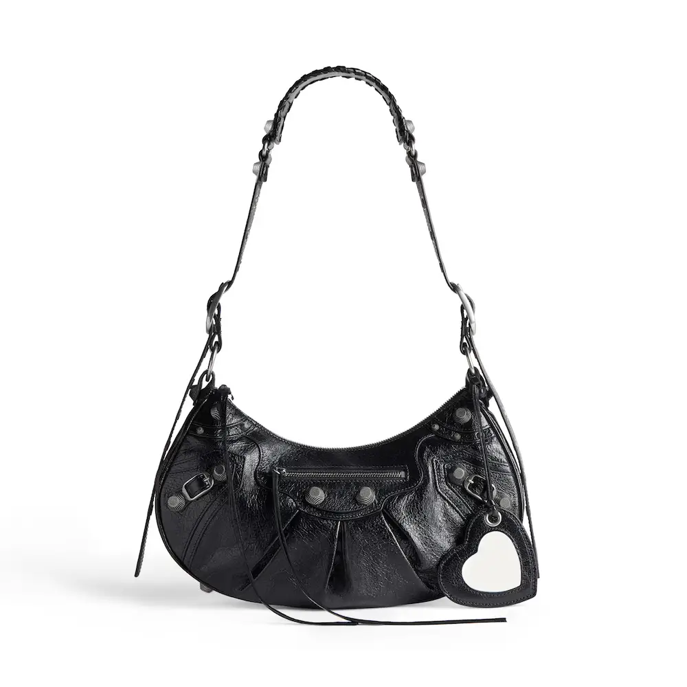 Balenciaga Le Cagole Small Shoulder Bag in black Arena lambskin, aged silver hardware