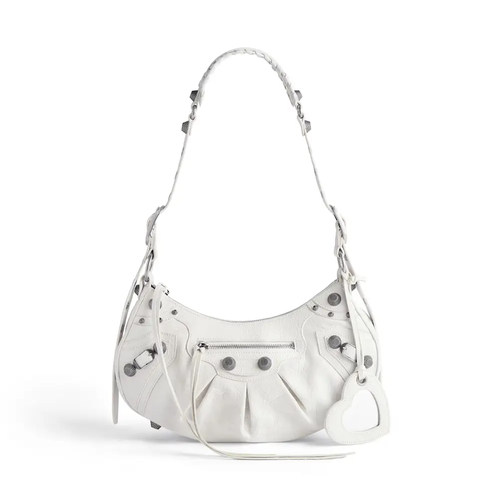 Balenciaga Le Cagole Small Shoulder Bag in white Arena lambskin, aged silver hardware