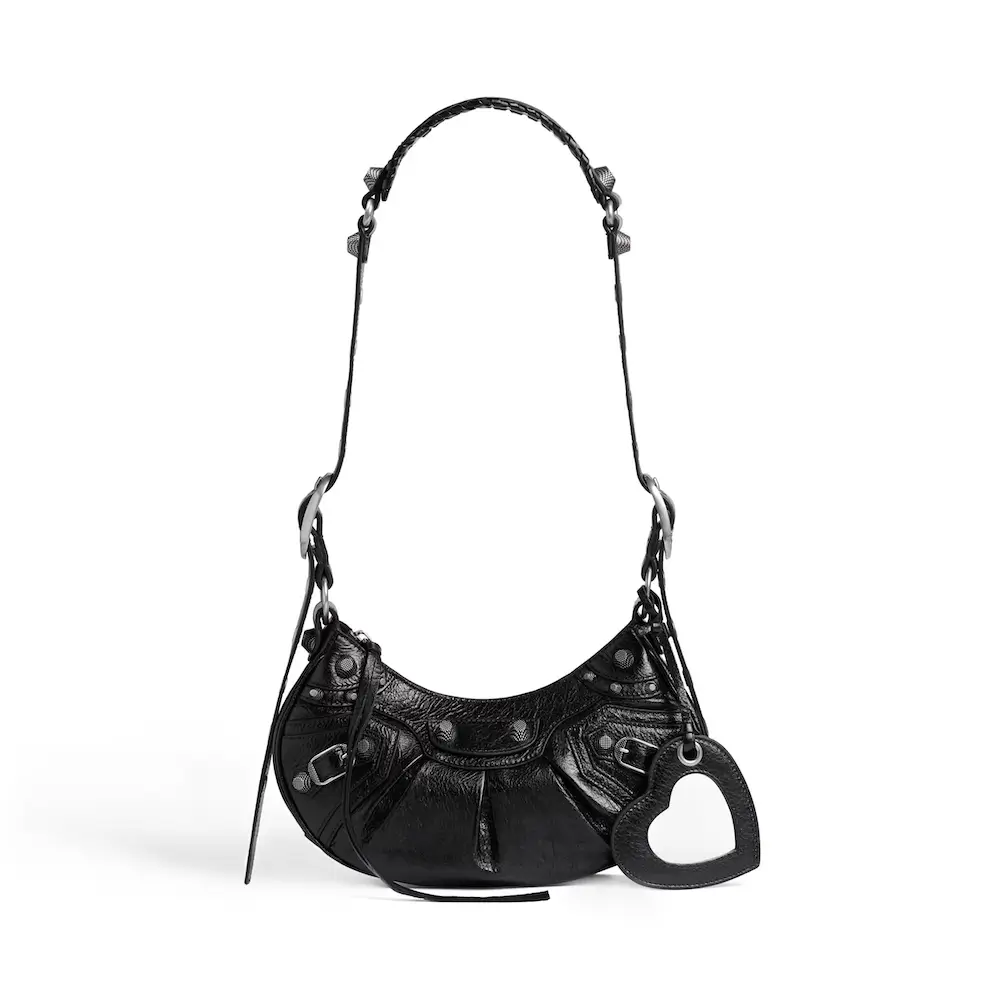 Balenciaga Le Cagole XS Shoulder Bag in black Arena lambskin, aged silver hardware
