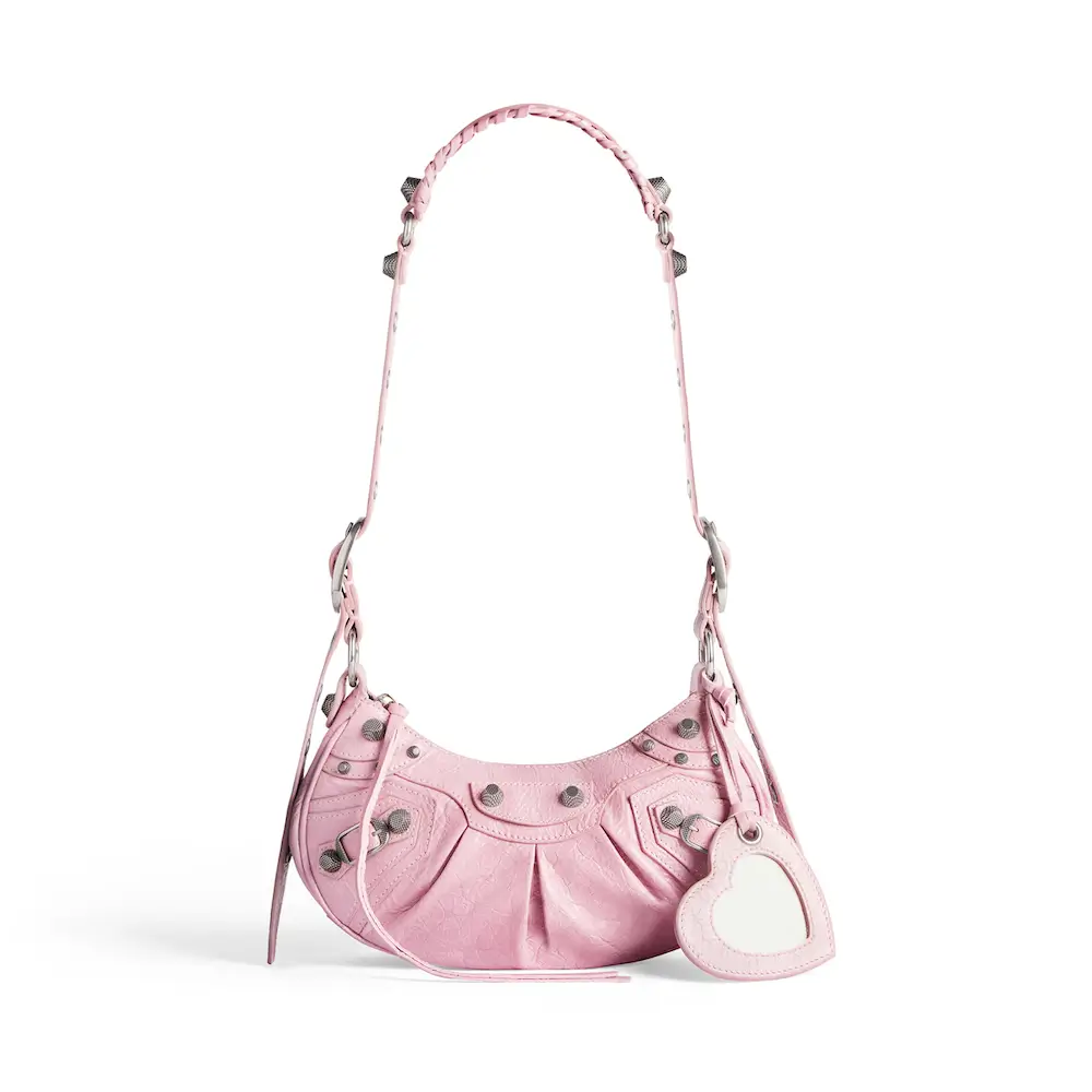 Balenciaga Le Cagole XS Shoulder Bag in light pink Arena lambskin, aged silver hardware