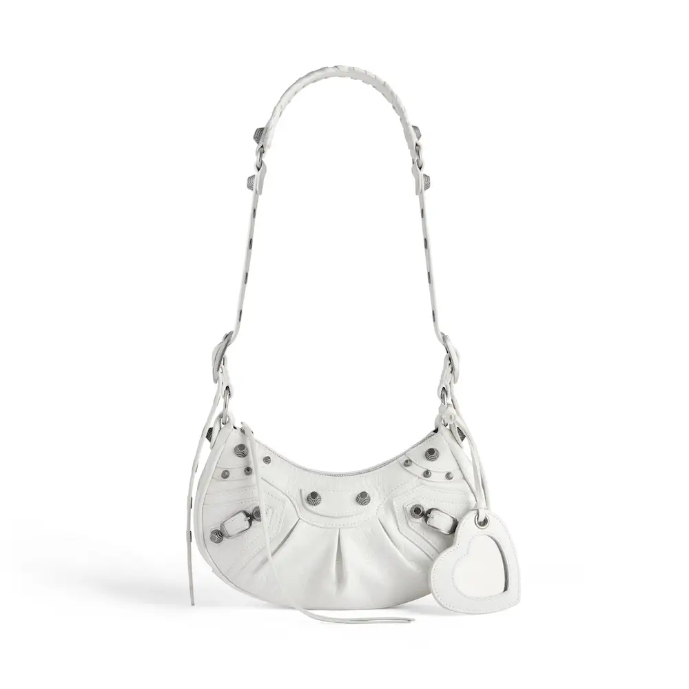 Balenciaga Le Cagole XS Shoulder Bag in white Arena lambskin, aged silver hardware