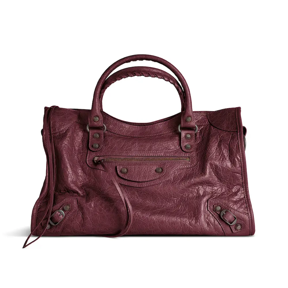 Balenciaga Le City Medium Bag in dark burgundy Arena Storico lambskin, brass hardware