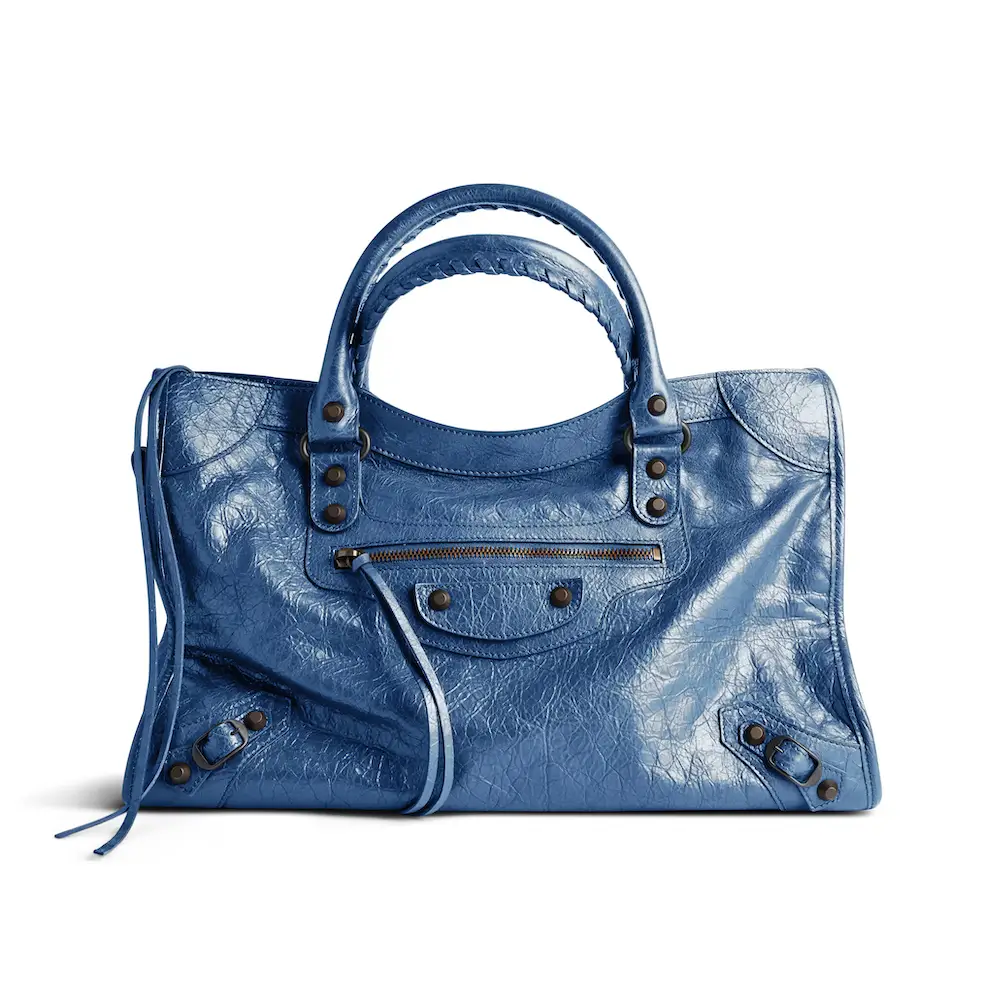 Balenciaga Le City Medium Bag in mineral blue Arena Storico lambskin, brass hardware