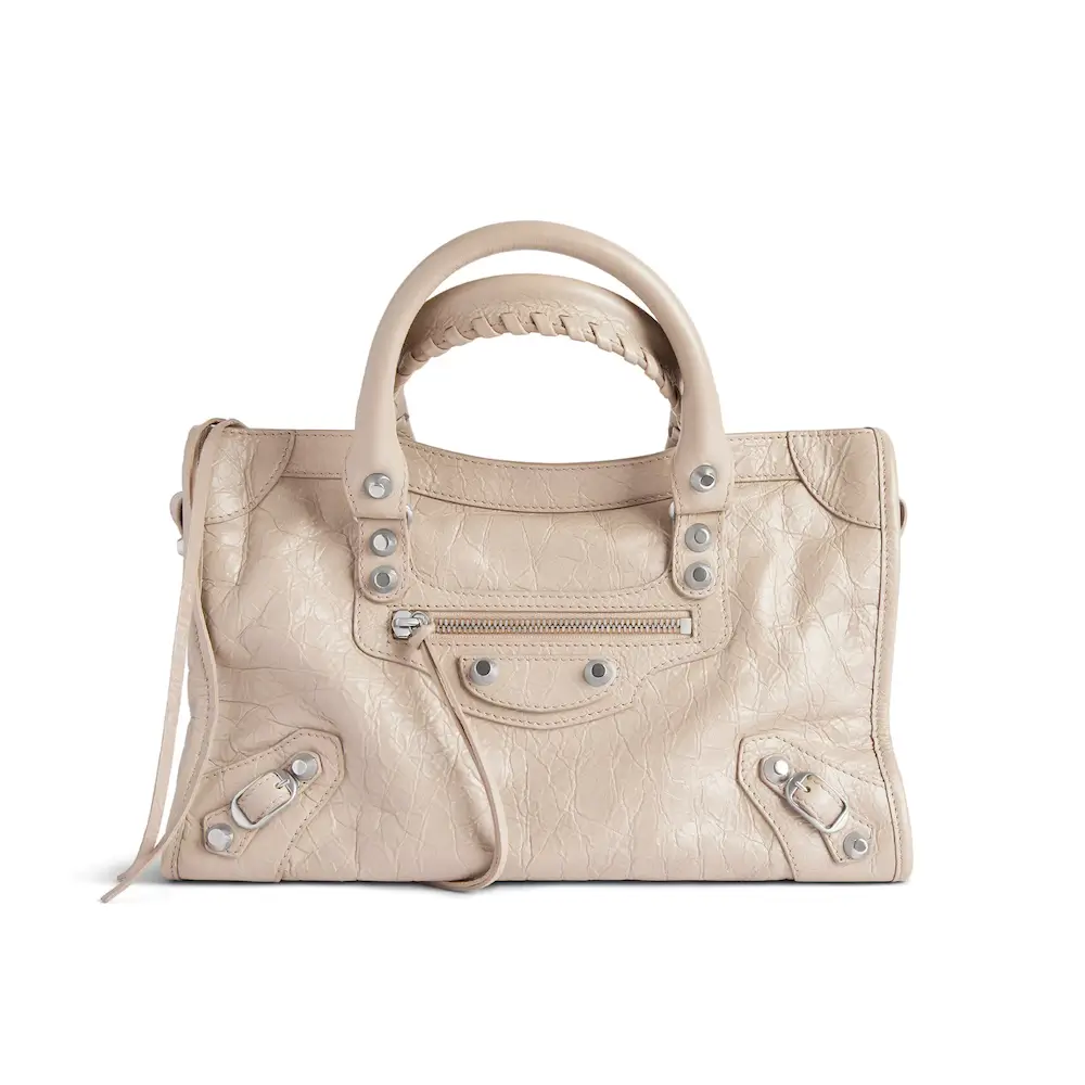 Balenciaga Le City Small Bag in stone beige Arena lambskin, shiny silver hardware