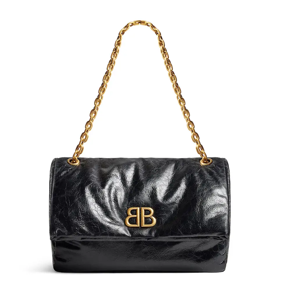 Balenciaga Monaco Medium Chain Bag in black Arena calfskin, aged gold hardware black