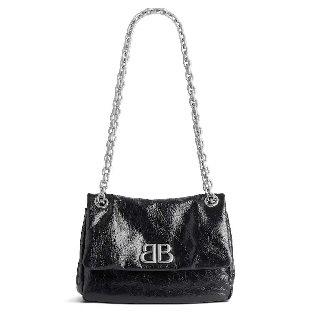 Balenciaga Monaco Mini Bag in black Arena calfskin, aged silver hardware Black