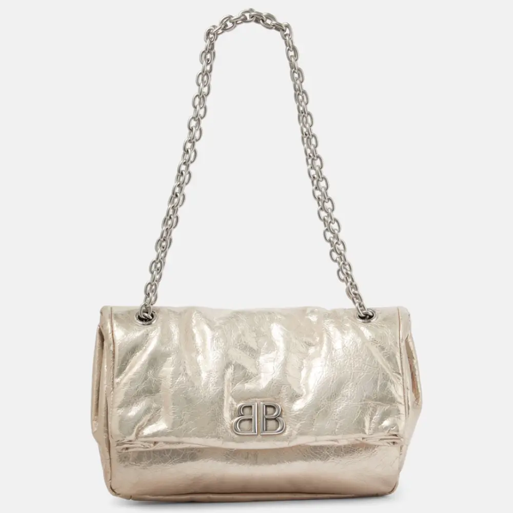 Balenciaga Monaco Mini Bag in silver metallized Arena calfskin, aged silver hardware Gold