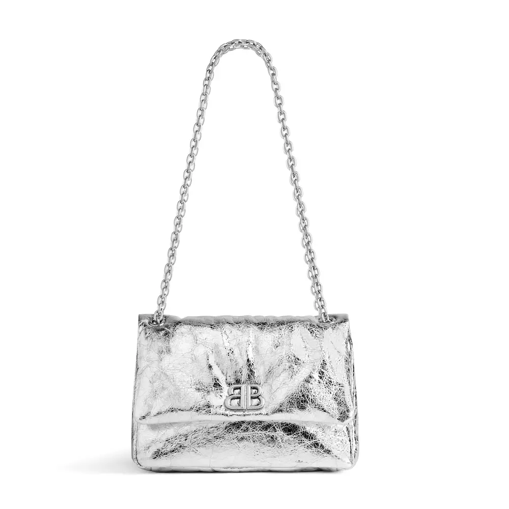Balenciaga Monaco Mini Bag in silver metallized Arena calfskin, aged silver hardware Silver