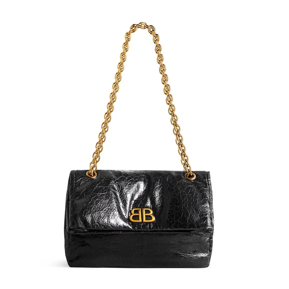 Balenciaga Monaco Small Chain Bag in black Arena calfskin, aged gold hardware Black