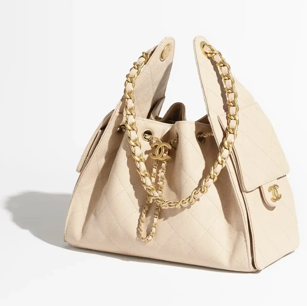 chanel 25 small handbag grained calfskin gold tone metal beige