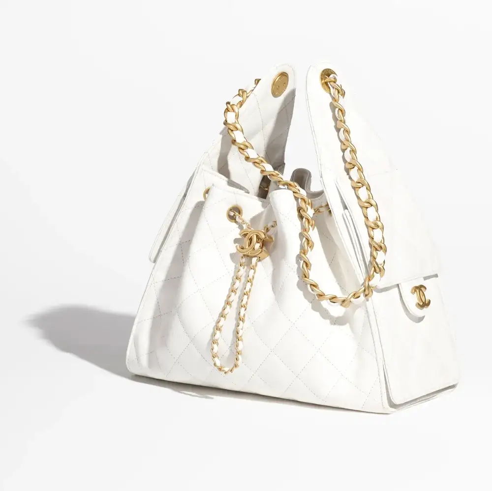 chanel 25 small handbag grained calfskin gold tone metal white