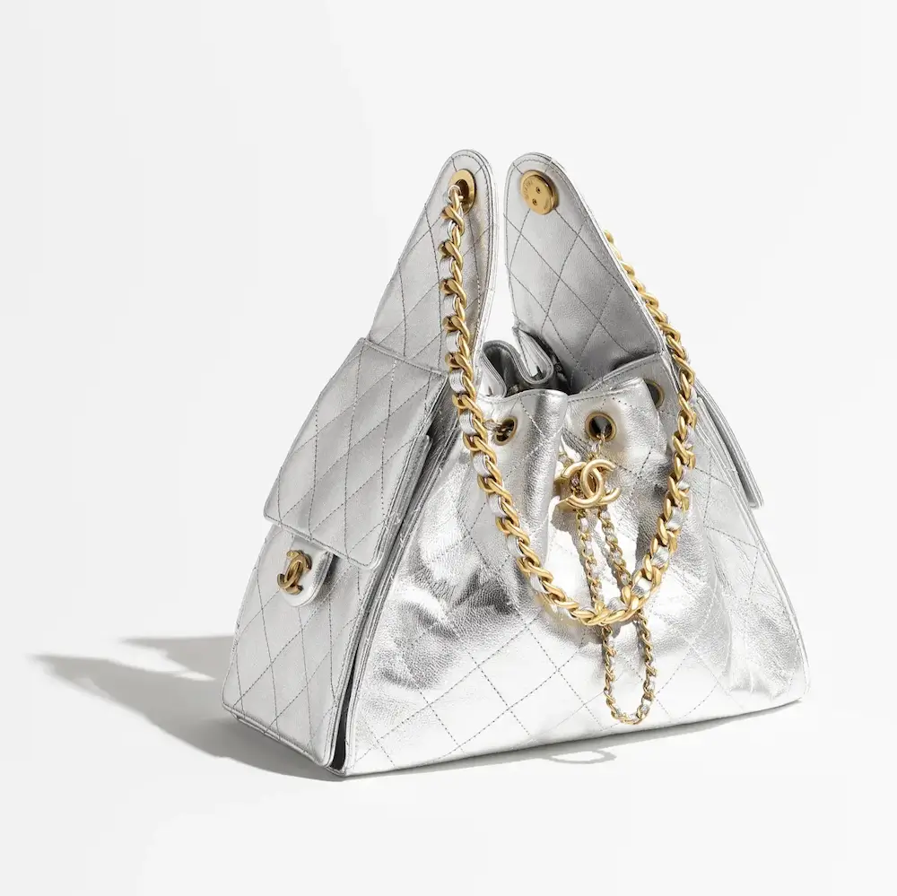 chanel 25 small handbag metallic grained calfskin gold tone metal Silvery