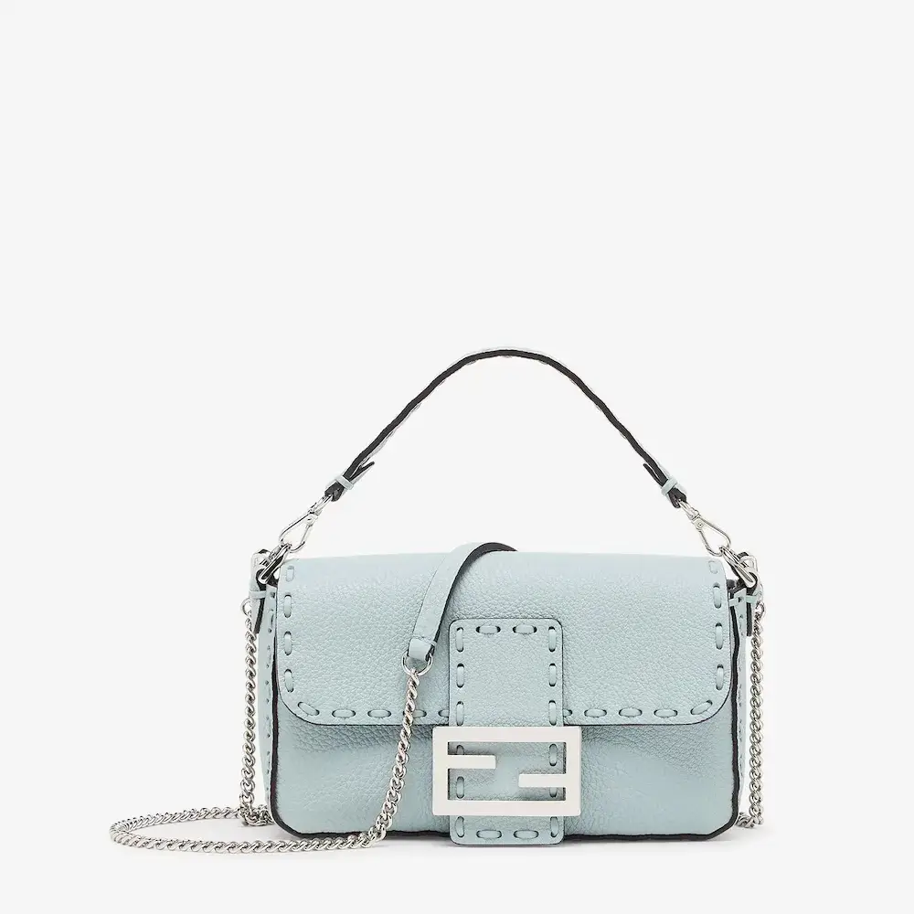 Fendi Baguette Mini Light Blue Selleria bag with 309 hand sewn topstitches