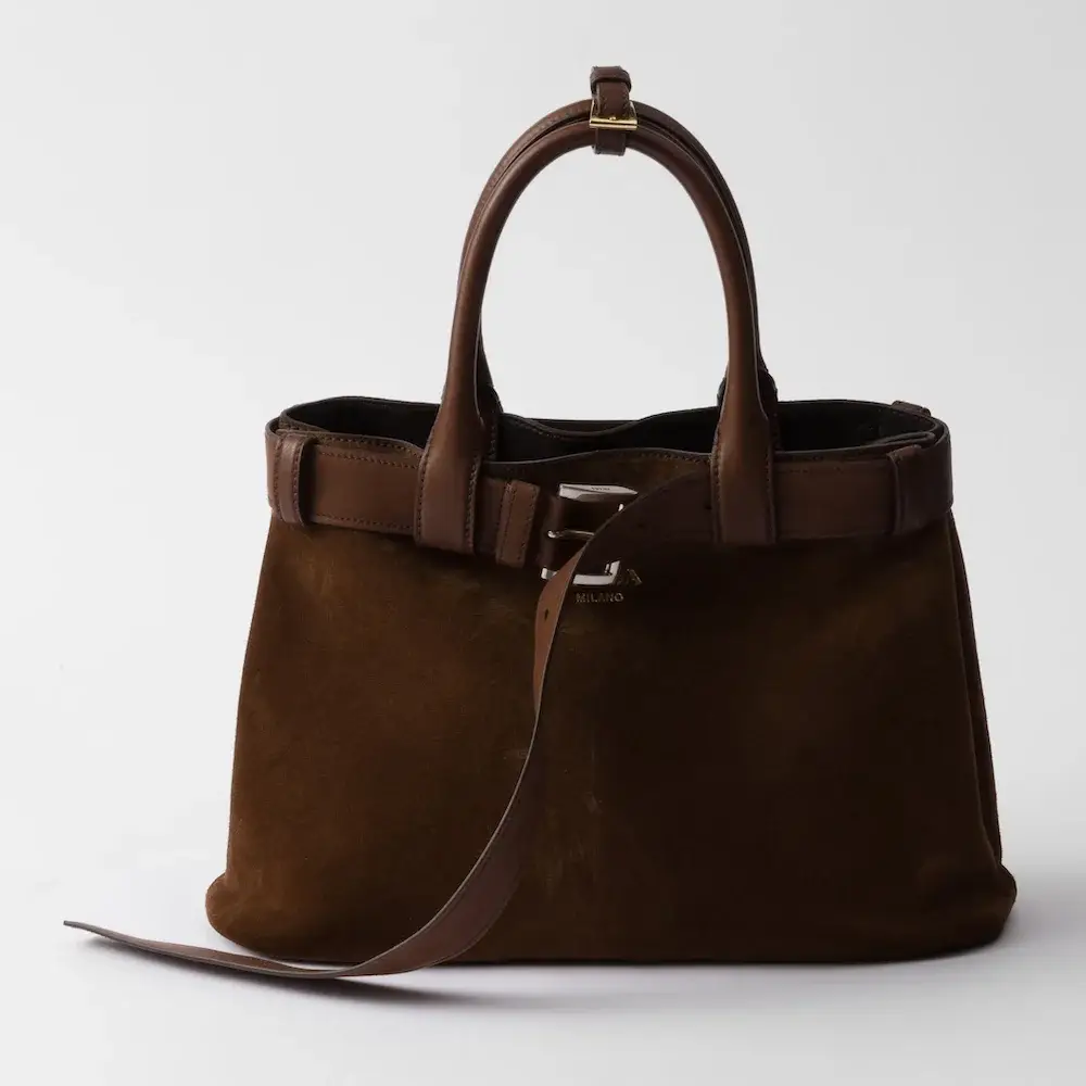 Medium Prada Buckle suede bag with belt cocao brown