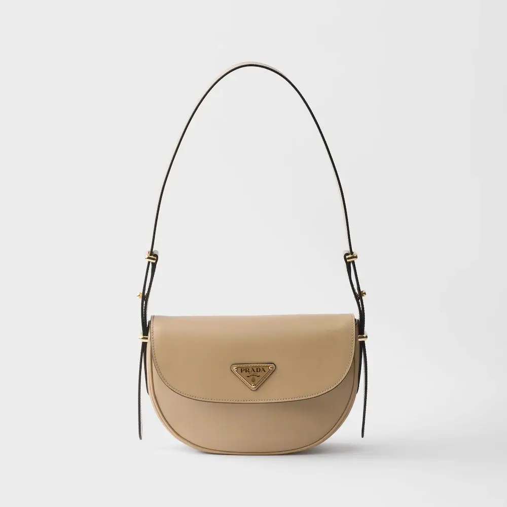Prada Arqué leather shoulder bag with flap sand