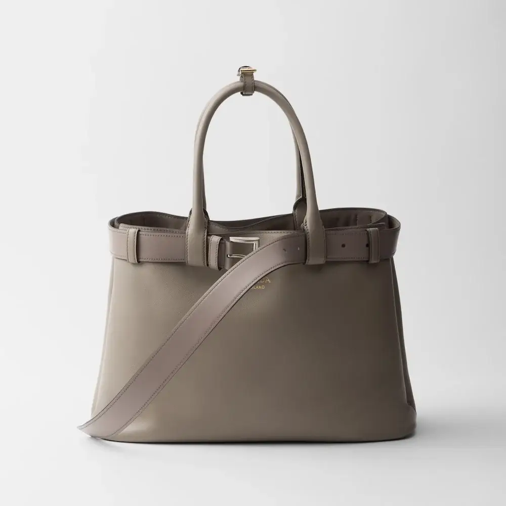 Prada Buckle large leather handbag with belt clay grey