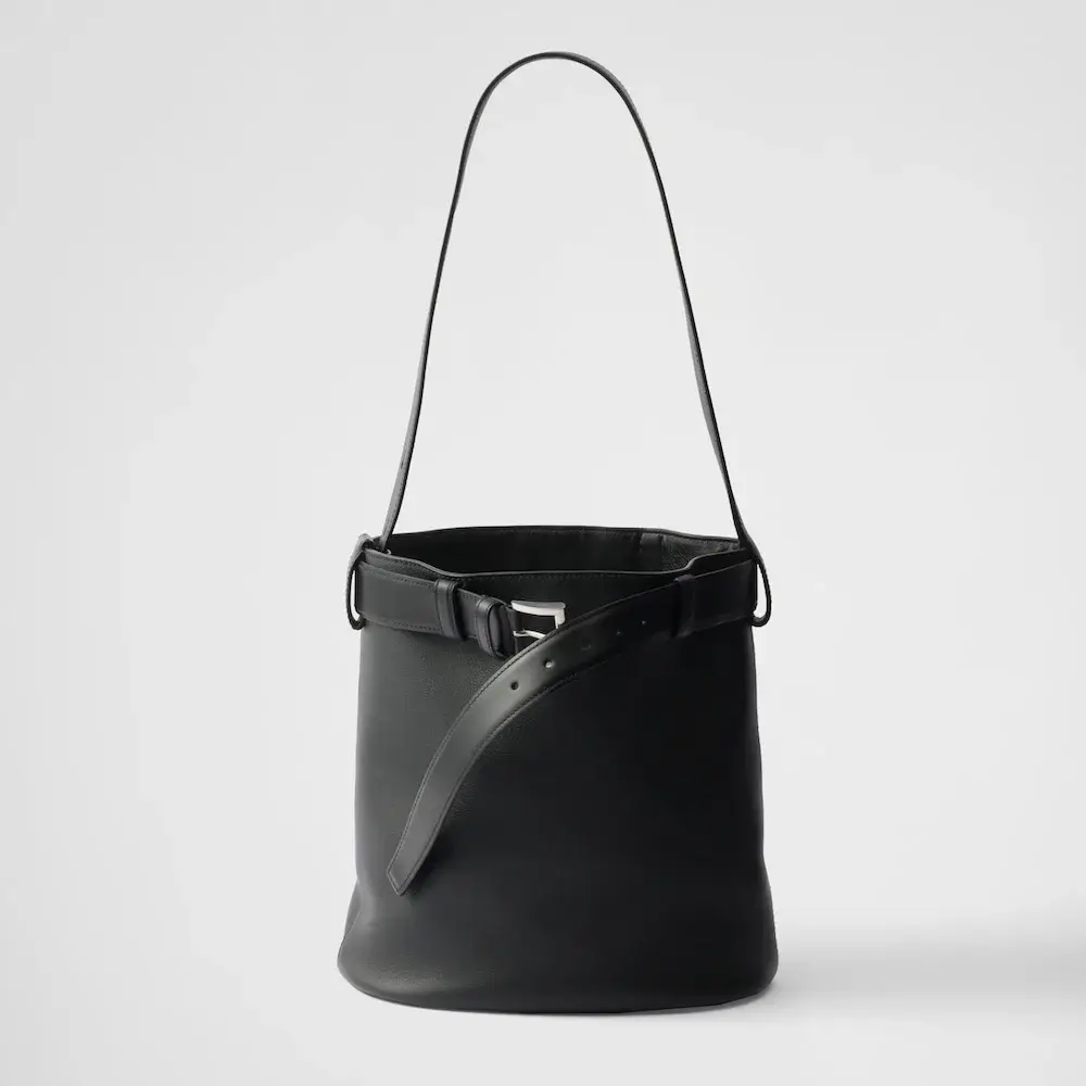 Prada Buckle leather bucket bag with belt black