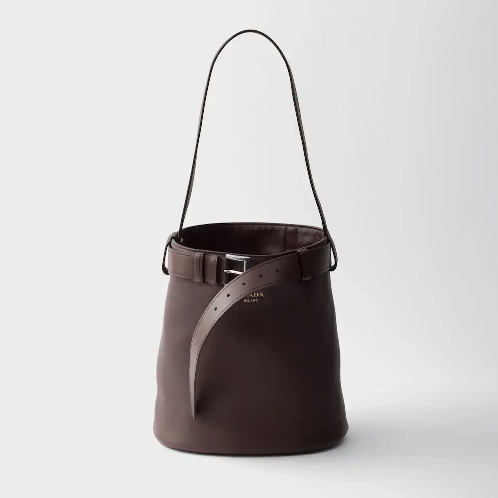 Prada Buckle leather bucket bag with belt briarwood