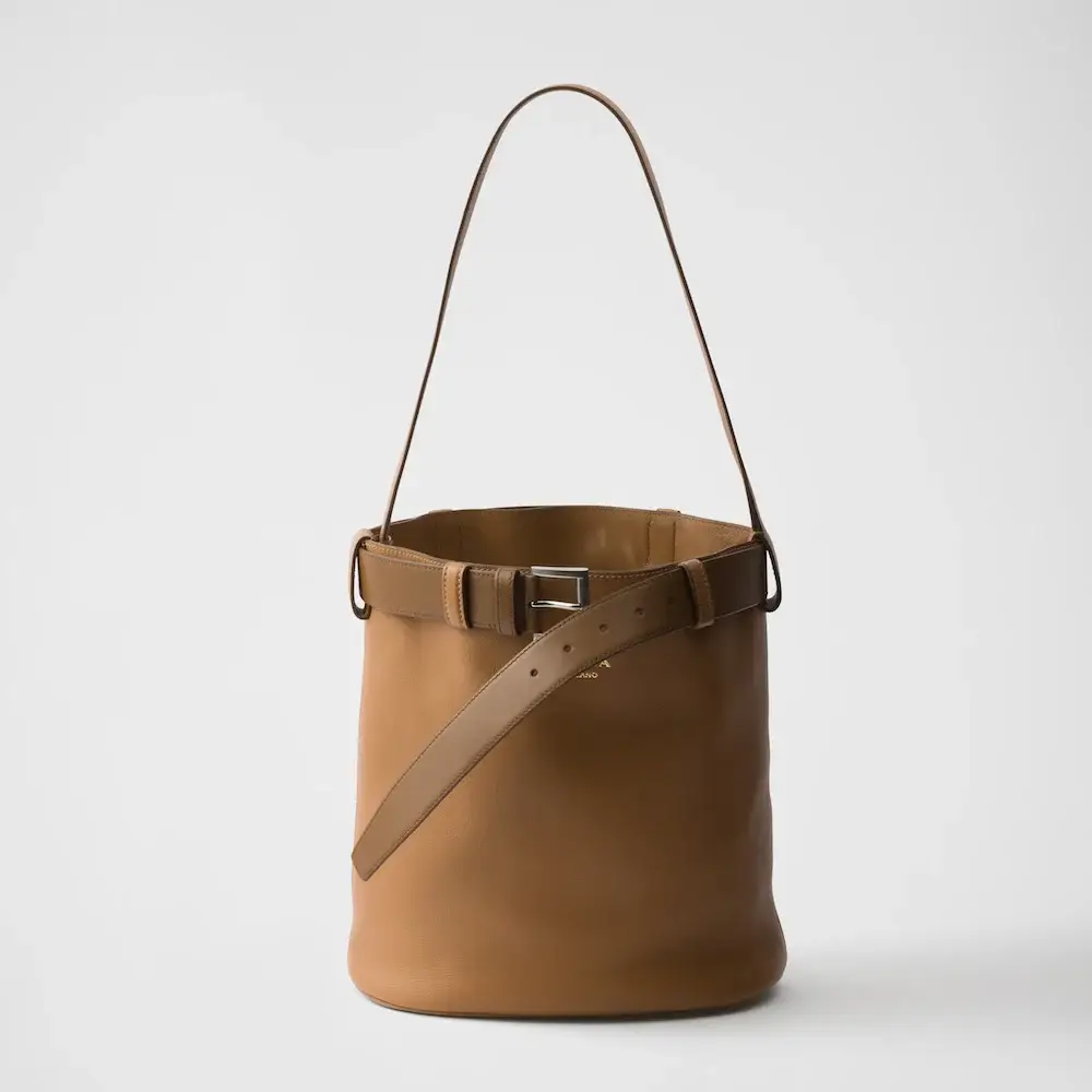 Prada Buckle leather bucket bag with belt caramel
