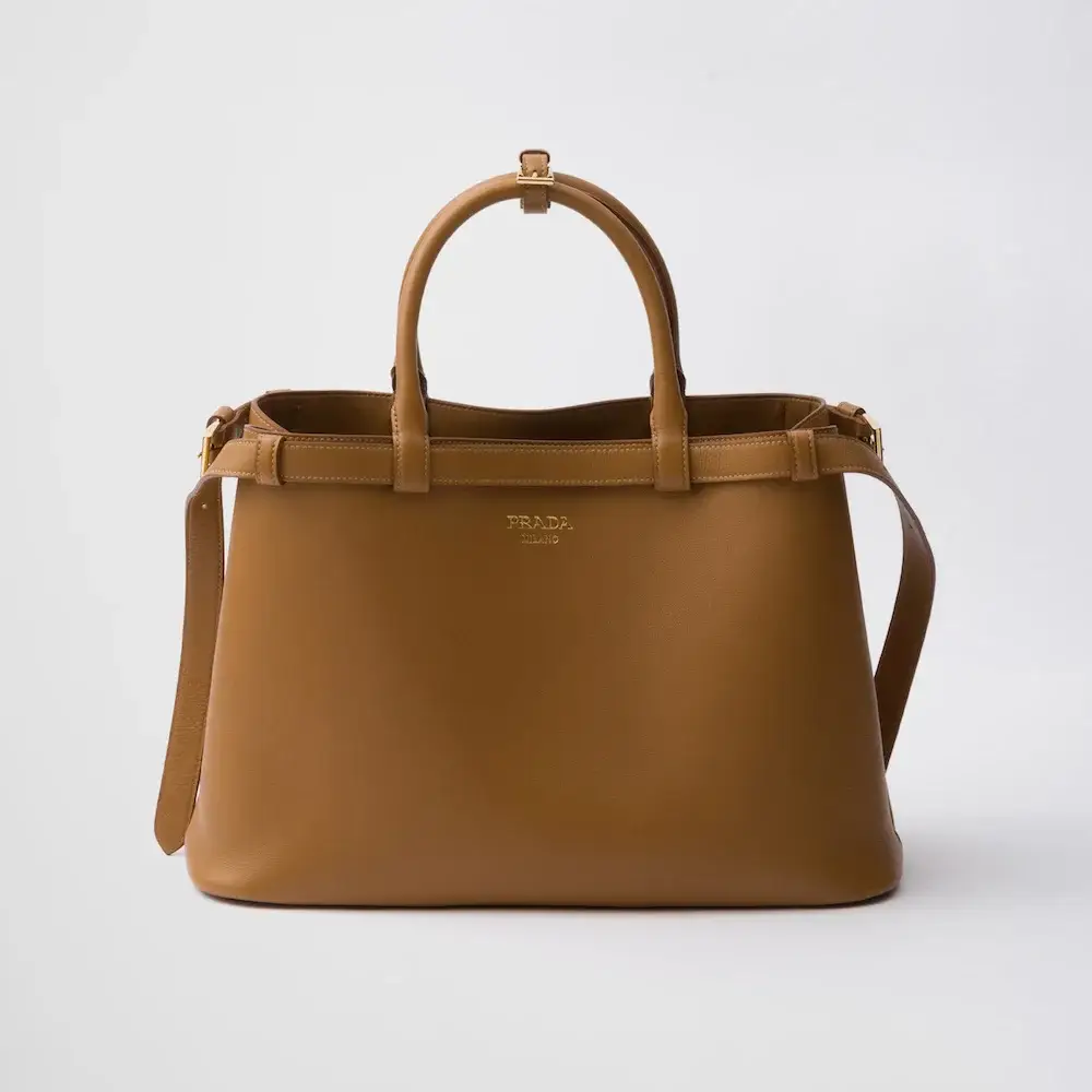 Prada Buckle medium leather handbag with double belt caramel