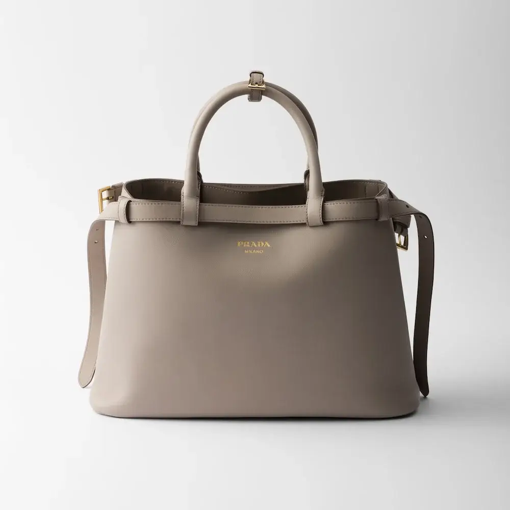Prada Buckle medium leather handbag with double belt pumice stone