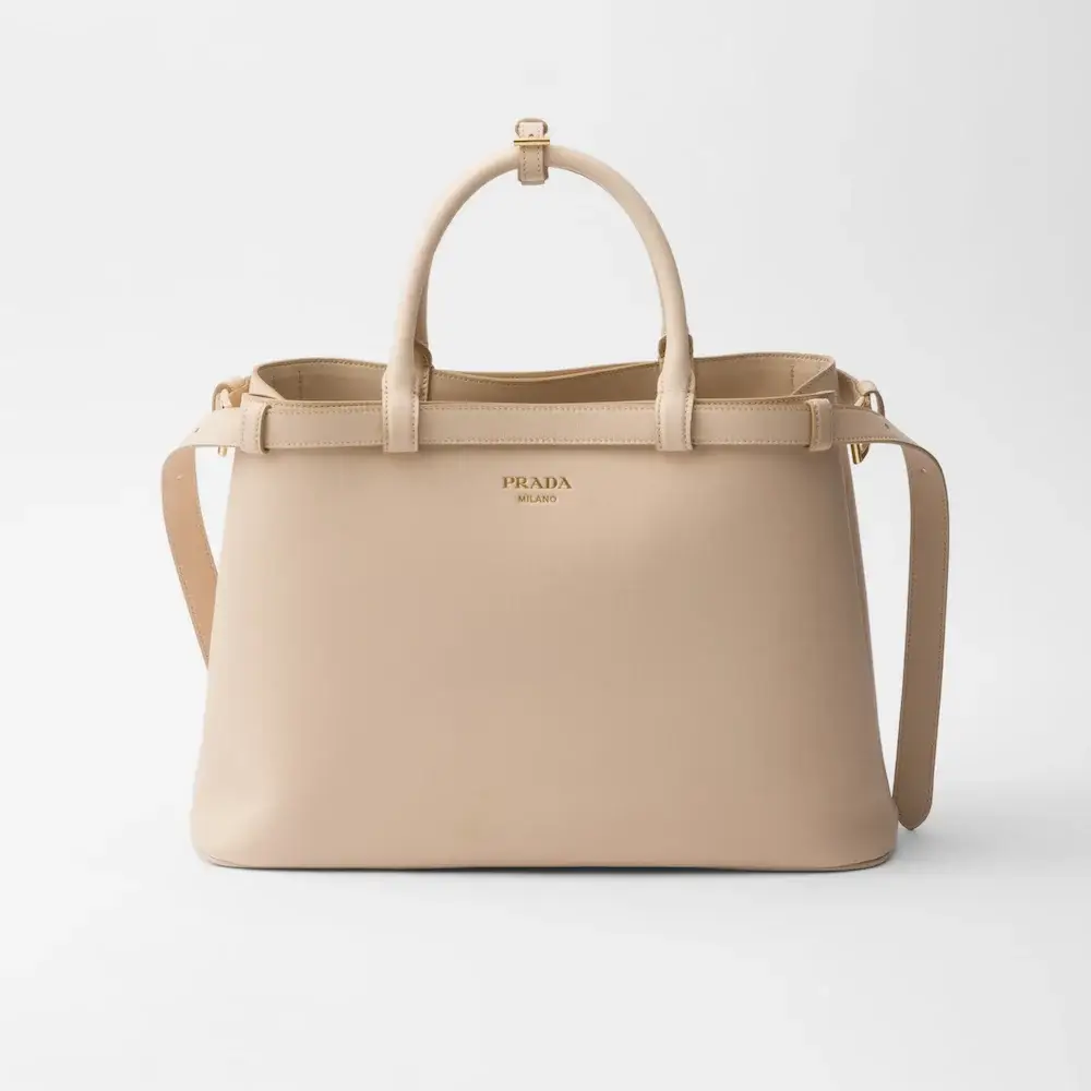 Prada Buckle medium leather handbag with double belt travertine stone