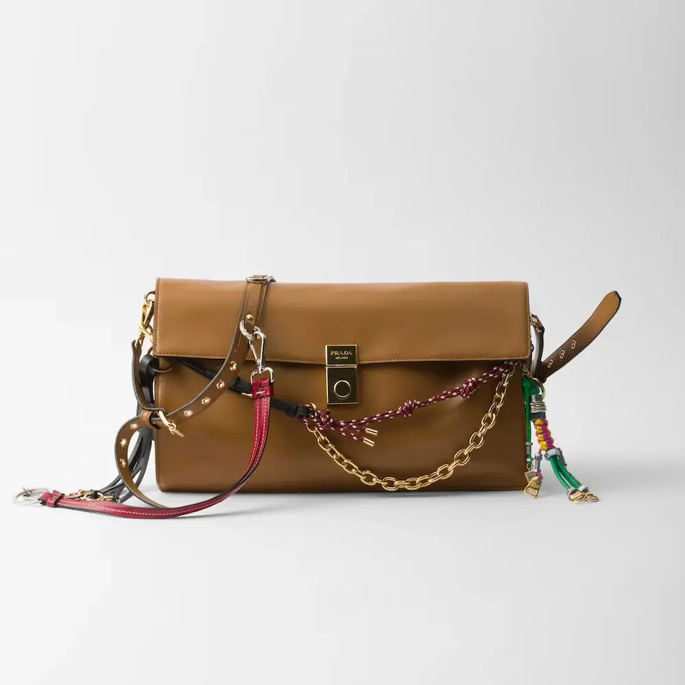 Prada Soft Sound Large leather shoulder bag with charms caramel