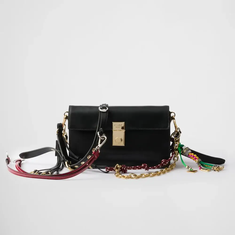 Prada Soft Sound Small leather shoulder bag with charms black