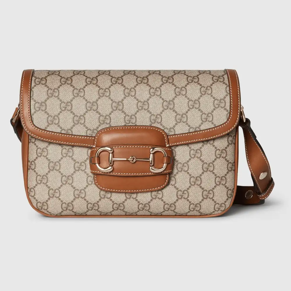 Gucci Horsebit 1955 Soft medium shoulder bag Beige and dark brown new GG Monogram coated fabric brown