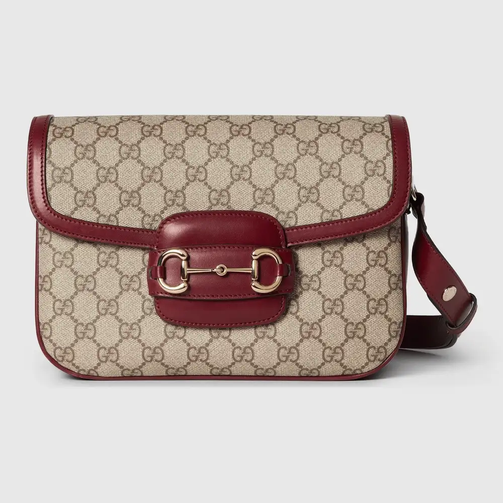 Gucci Horsebit 1955 Soft medium shoulder bag Beige and dark brown new GG Monogram coated fabric red