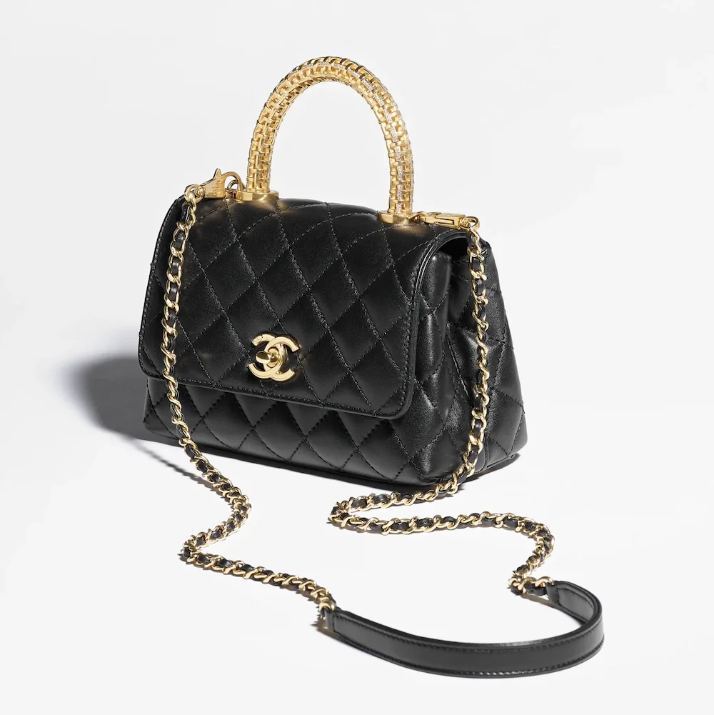 Chanel mini flap bag with top handle calfskin strass gold tone metal AS2215B2082594305 #2