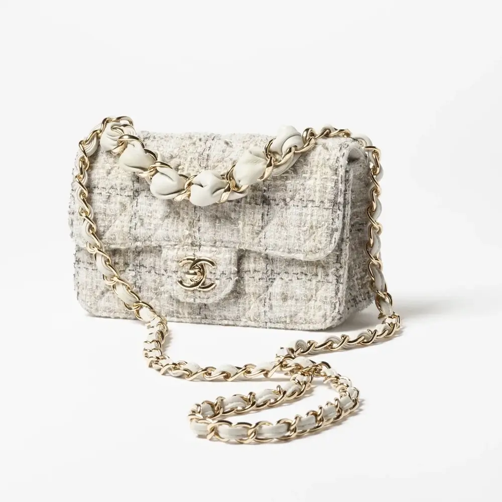 Chanel mini flap bag wool tweed gold tone metal AS5670B21492U2666