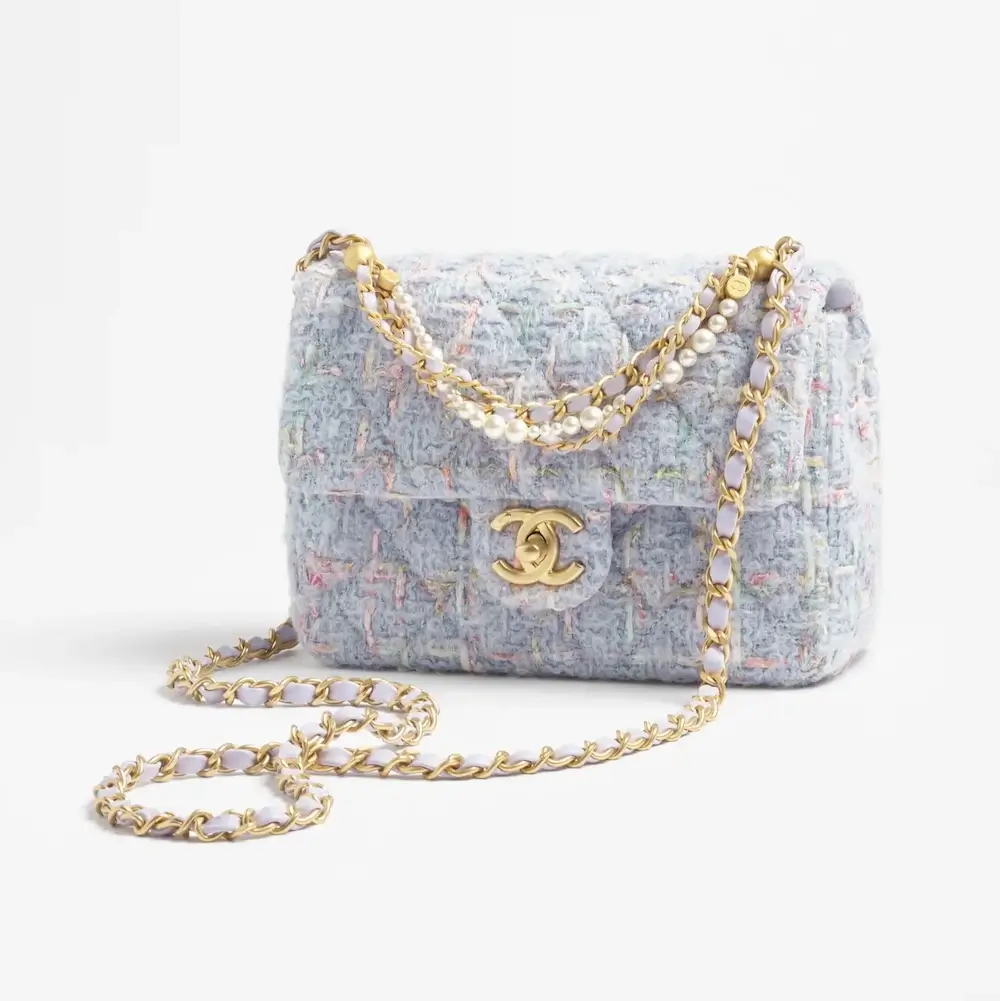 Chanel mini flap bag wool tweed imitation pearls gold tone metal AS4384B21491U2639 #2