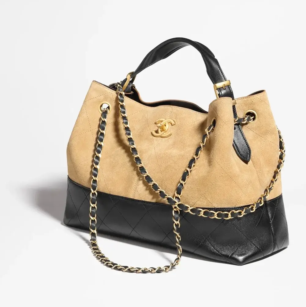 Chanel small shopping bag suede calfskin shiny lambskin gold tone metal AS5634B20827U1536