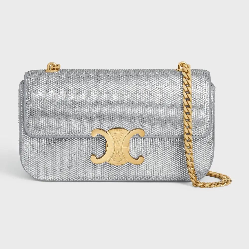 Celine Chain Shoulder Bag Claude In Suede Calfskin With Strass Silver