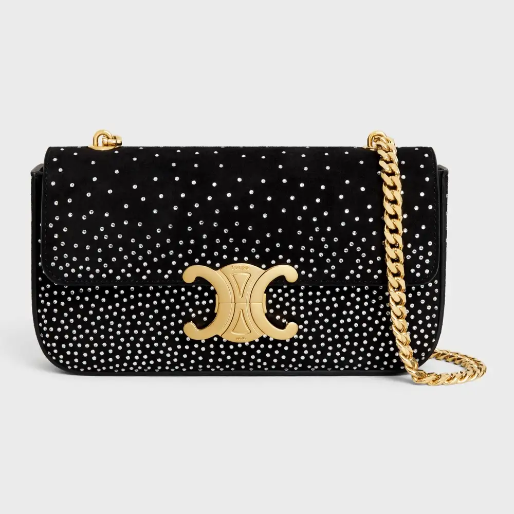 Celine Chain Shoulder Bag Claude In Suede Goatskin With Strass Black