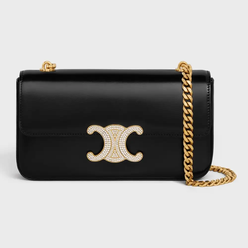 Celine Chain Shoulder Bag Claude With Strass Closure In Shiny Calfskin Black