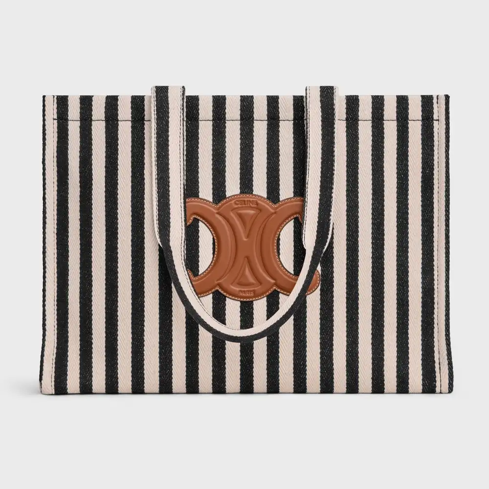 Celine Large Cabas Thais In Striped Textile And Calfskin Black White