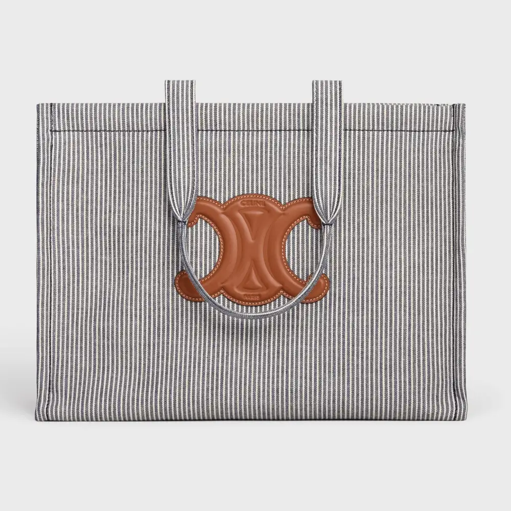 Celine Large Cabas Thais In Striped Textile Navy Blue