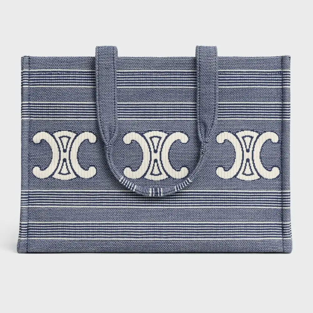 Celine Large Cabas Thais In Striped Textile With Triomphe Blue Beige