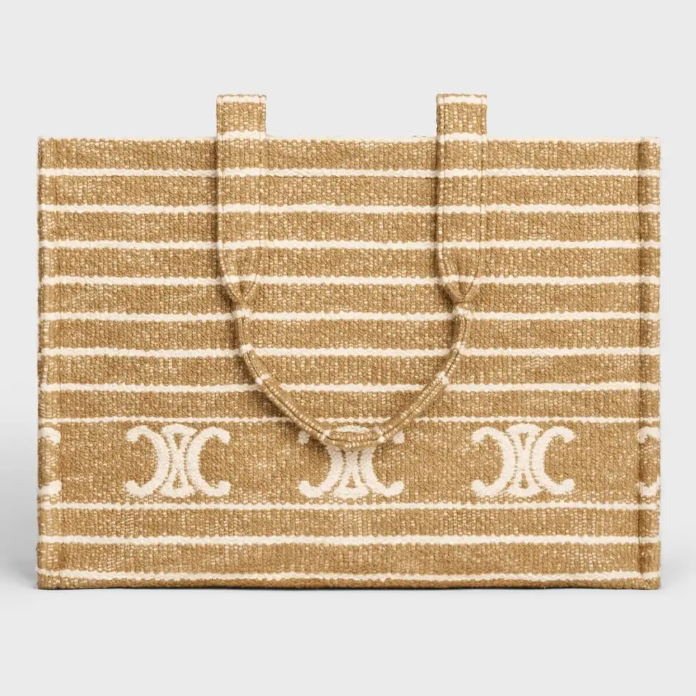 Celine Large Cabas Thais In Striped Textile With Triomphe Tobacco