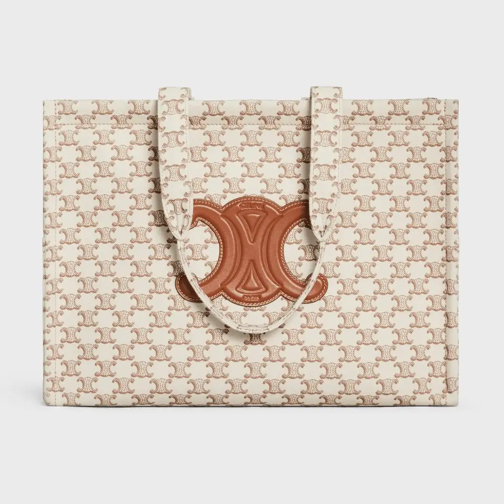 Celine Large Cabas Thais In Textile With Triomphe Canvas Print And Calfskin White